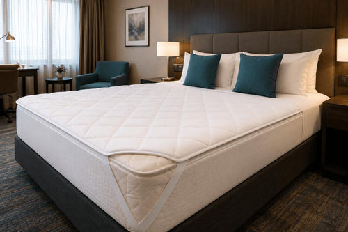 Hotel bed with a quilted mattress protector supporting cleanliness, comfort, and mattress durability in guest rooms