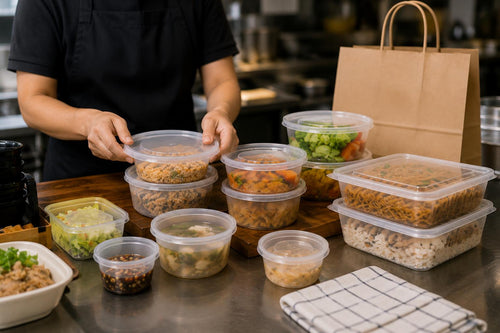 Restaurant staff sealing plastic food containers for takeaway orders and safe commercial food packaging