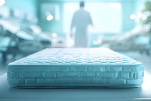 Hospital mattress in a bright clinical room with blurred healthcare staff in the background