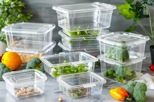 Clear plastic food containers with vegetables on a kitchen counter
