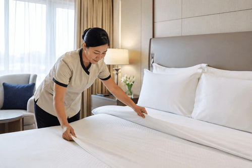 Hotel housekeeper arranging clean bedding on a guest room mattress to maintain hygiene and comfort standards