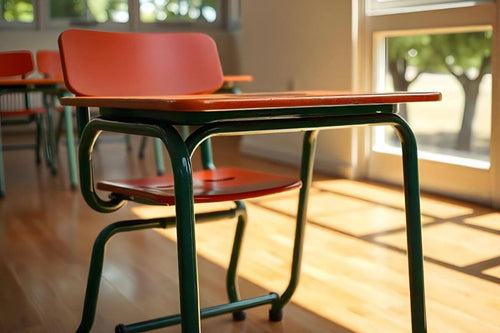 Red school chair with arm desk near a classroom window